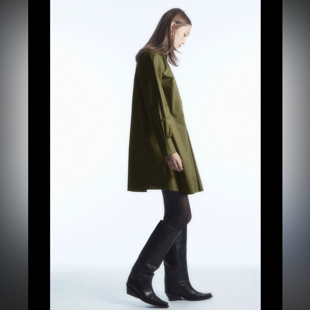 COS RUFFLED-COLLAR SHIRT DRESS Long Sleeve Oversized 4 in Khaki Green